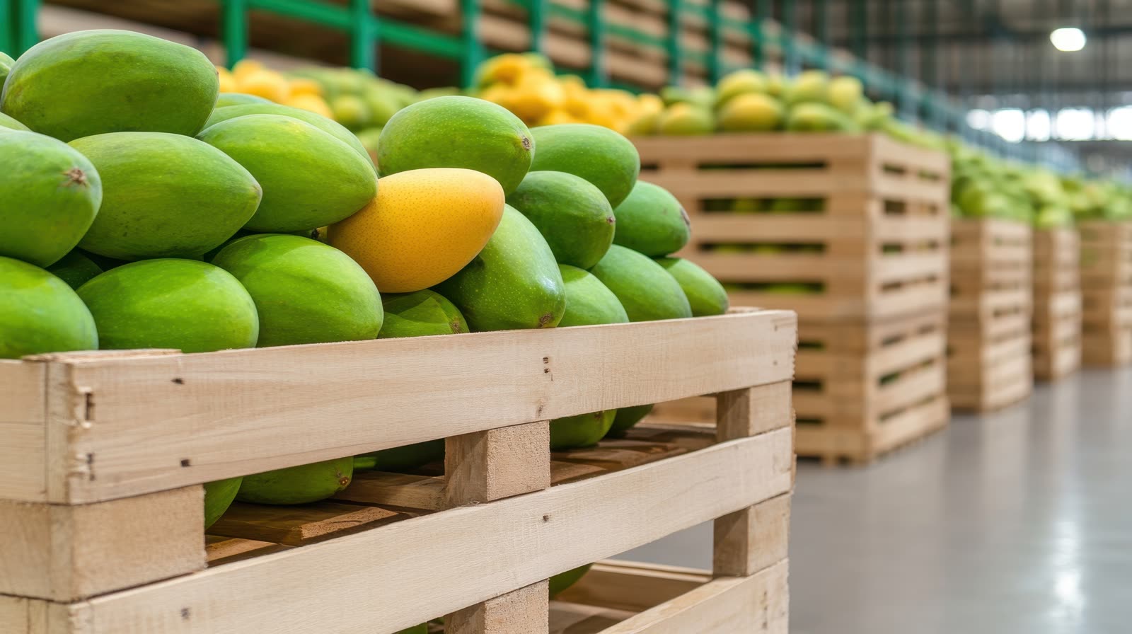 Recovered mangos in wooden crates, staged at plant intake