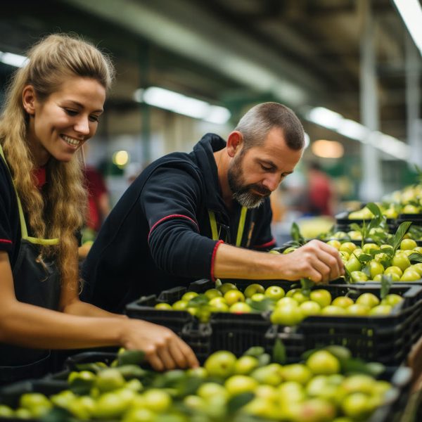 Two workers picking fruit from crates on a sorting line